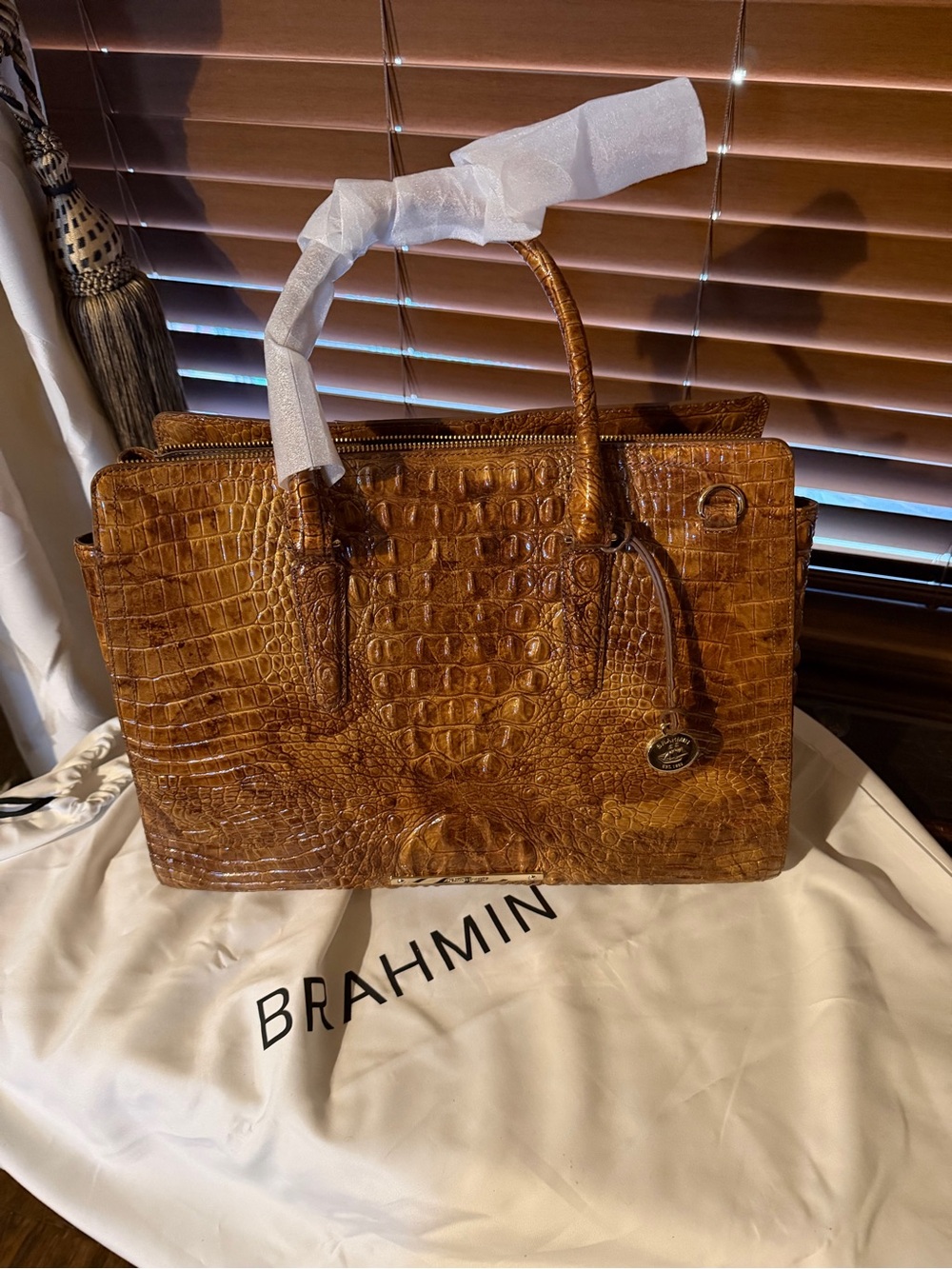 Brahmin Cognac Croc-Embossed Leather Satchel Finley carry all